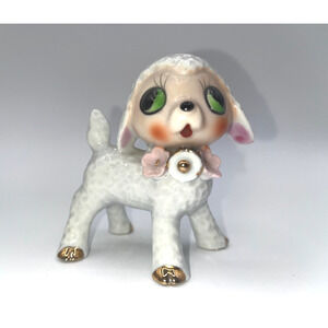 Vintage Ceramic Lamb Pink Flowers Big Green Eyes JAPAN Super Sweet little girl